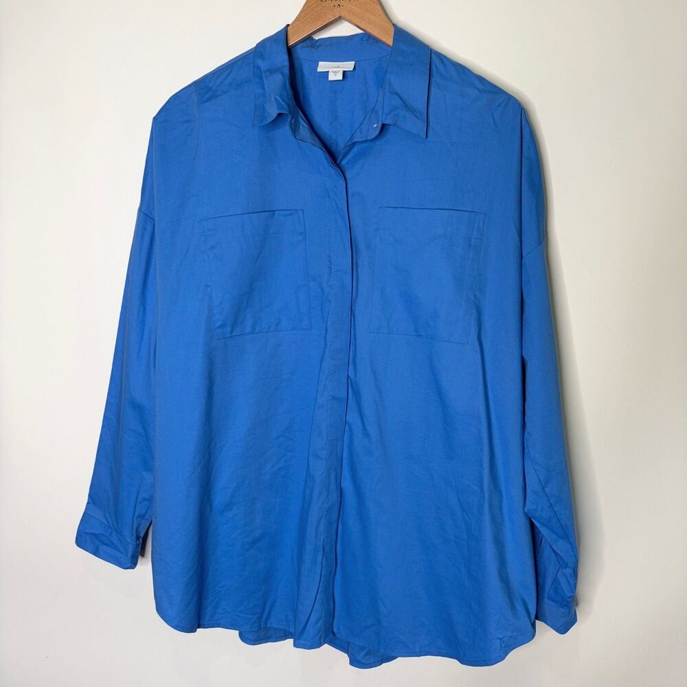 J Jill Blouse Button Up Long Dolman Sleeve Blue Boyfriend Oversized Women M